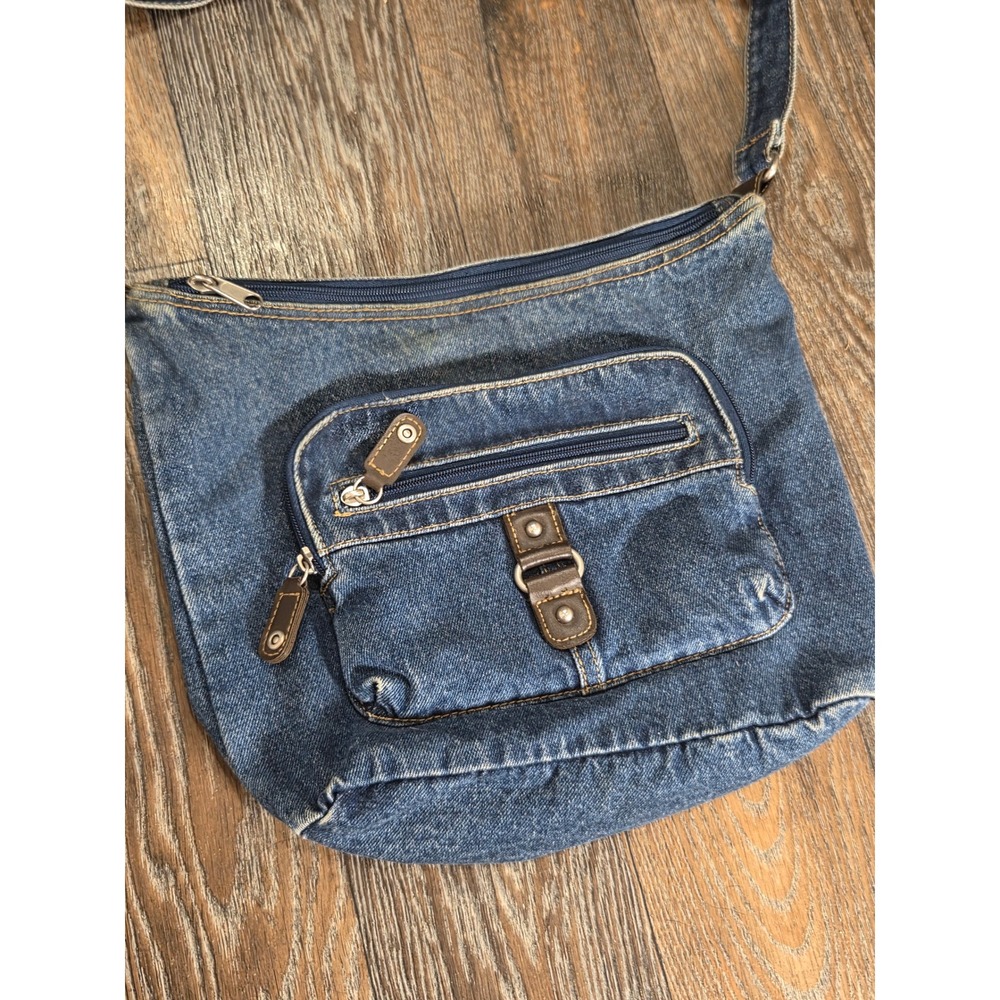 Vintage Blue Denim Crossbody Bag Y2K Messenger Utility Shoulder Bag Multi-Pocket - Picture 2 of 5